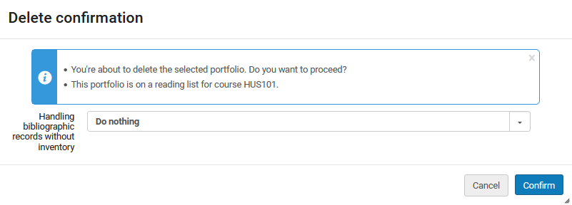 Screenshot stating that the portfolio is on a reading list, and are you sure you want to delete the item?