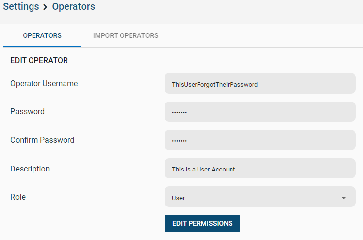 Screenshot of operator account creation window. Fields for username, password, description, and role. Button to edit permissions.