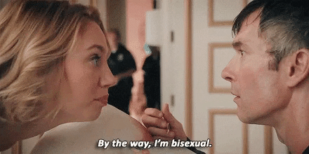 Meme of a woman coming out to a man "By the way, I'm bisexual"