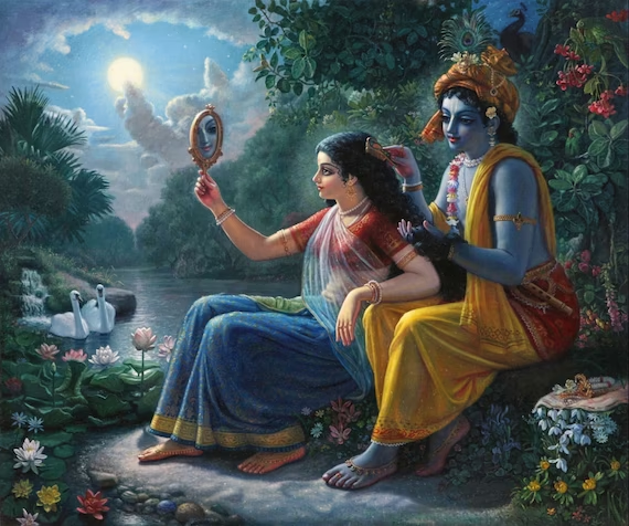 As Krishna brushes through Radha's hair through the mirror in her hands, she admires him. Radha is dressed in a red and blue sari while Krishna is dressed in yellow clothing. There are swans, lush greenery, and flowerbeds surrounding a lake where they appear to dwell.  