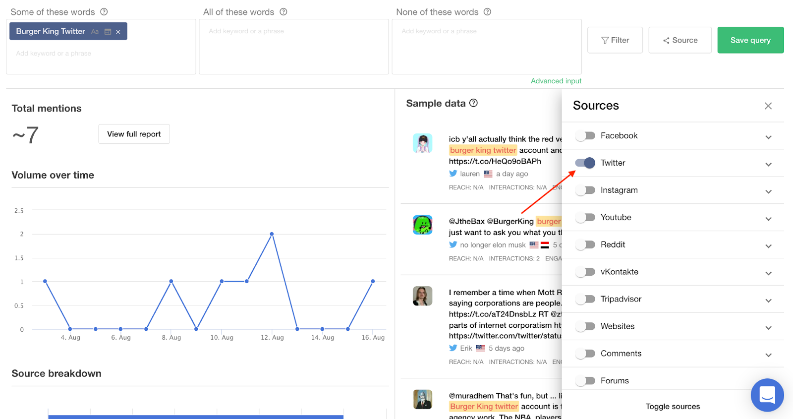 Setting up sources for Twitter competitor analysis