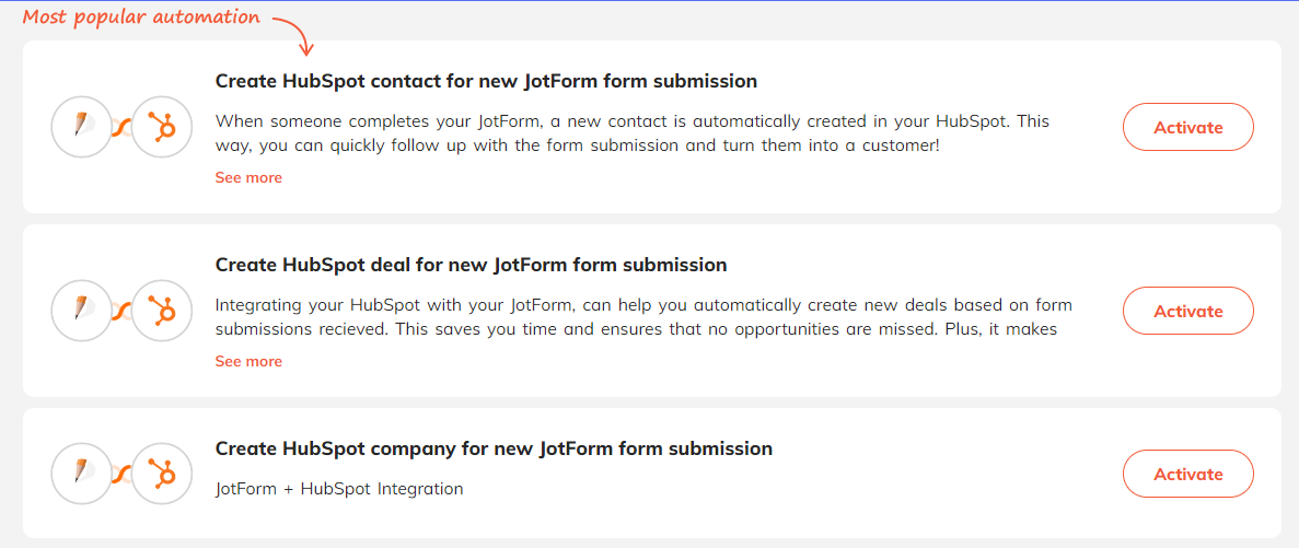 popular automations for JotForm + HubSpot integration