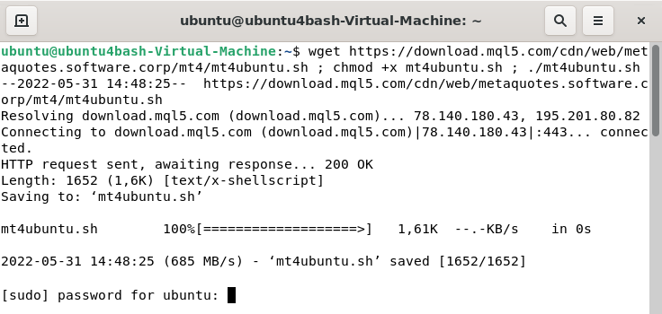 Окно терминала Linux при установке MetaTrader 4 на Linux или Ubuntu