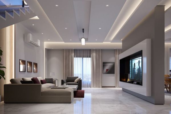thiết kế trần thạch cao phòng phòng khách 40m2 giật 1 cấp