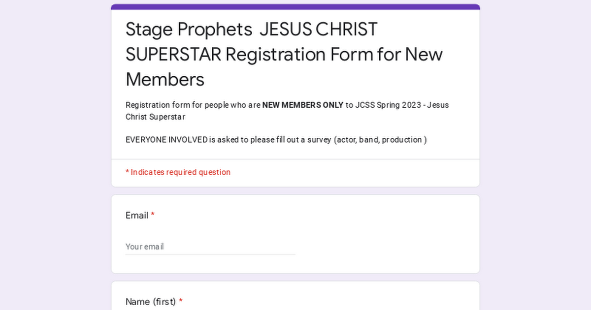 Stage Prophets JESUS CHRIST SUPERSTAR Registration Form for New Members