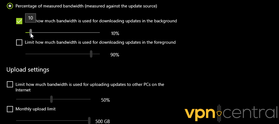 Limit how much bandwidth is used for downloading updates in the background in Windows Update delivery settings