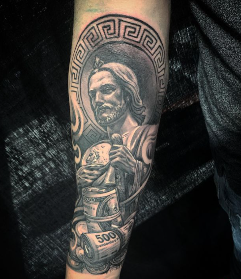 Jesus And Money Tattoo On Sleeve