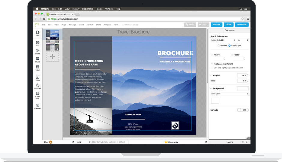 Lucidpress travel brochure and a look inside the front end of the tool