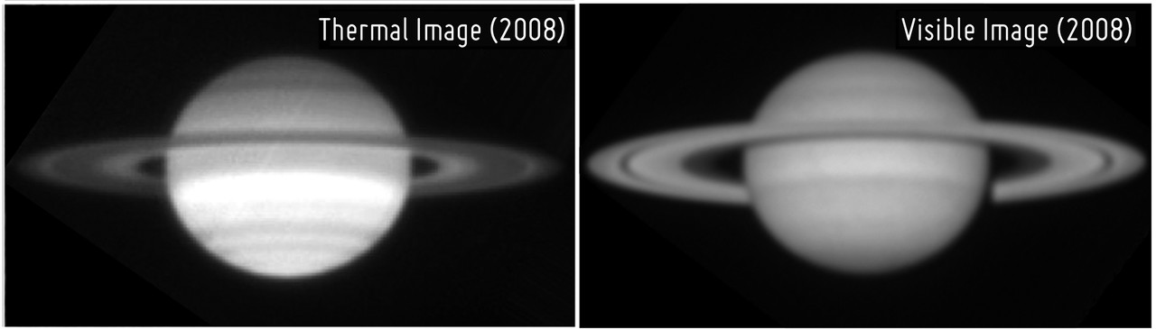 Saturn's rings seen in mid-Infrared (left) and visible light.