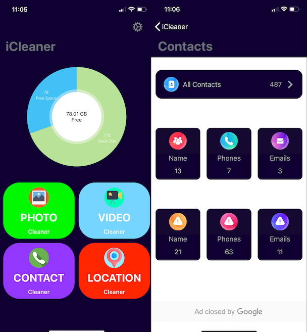 Screenshots of iCleaner, an iPhone cleanup app