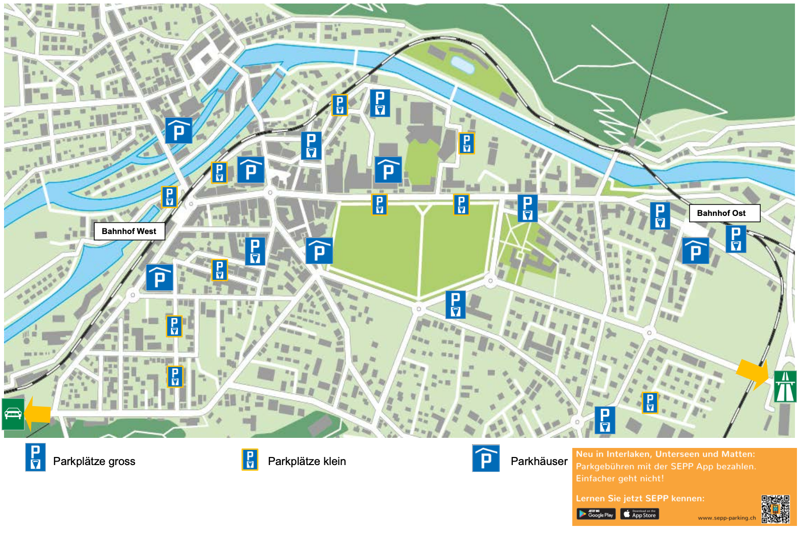 Karte mit Parkplätzen um mit dem Auto nach Interlaken zu gelangen