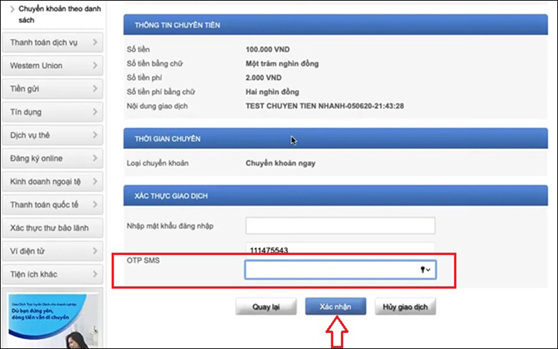 Bước 5: Nhập mã OTP SMS > Nhấn Xác nhận, màn hình sẽ hiển thị Giao dịch thành công.