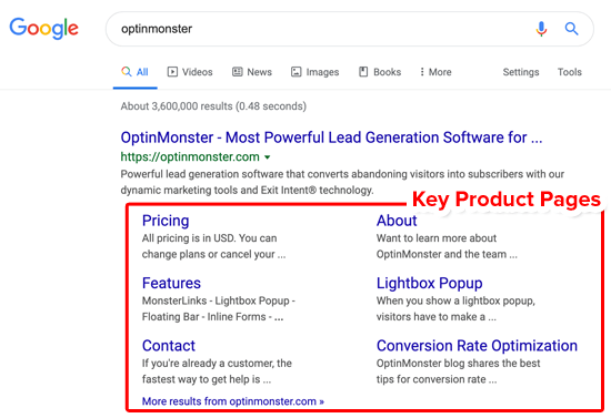 Páginas de produtos principais de Sitelinks do Google