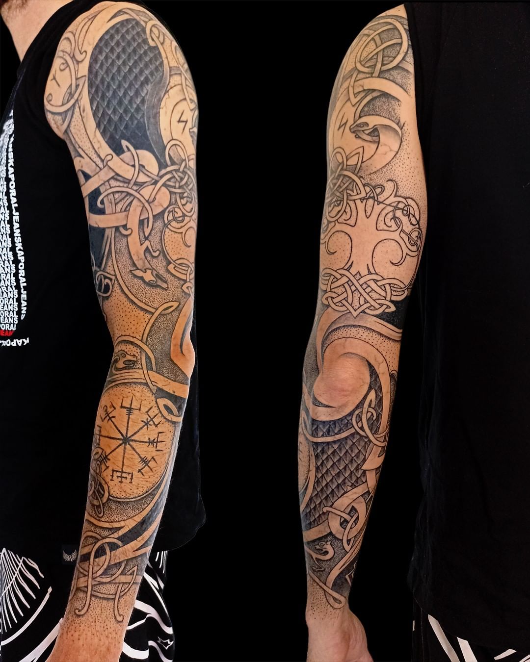  Black Ink Celtic Sleeve Tattoo 
