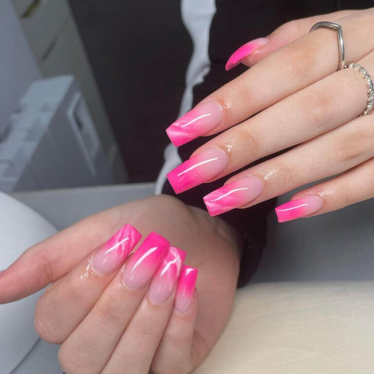 Full picture of the glossy nails with pink tips