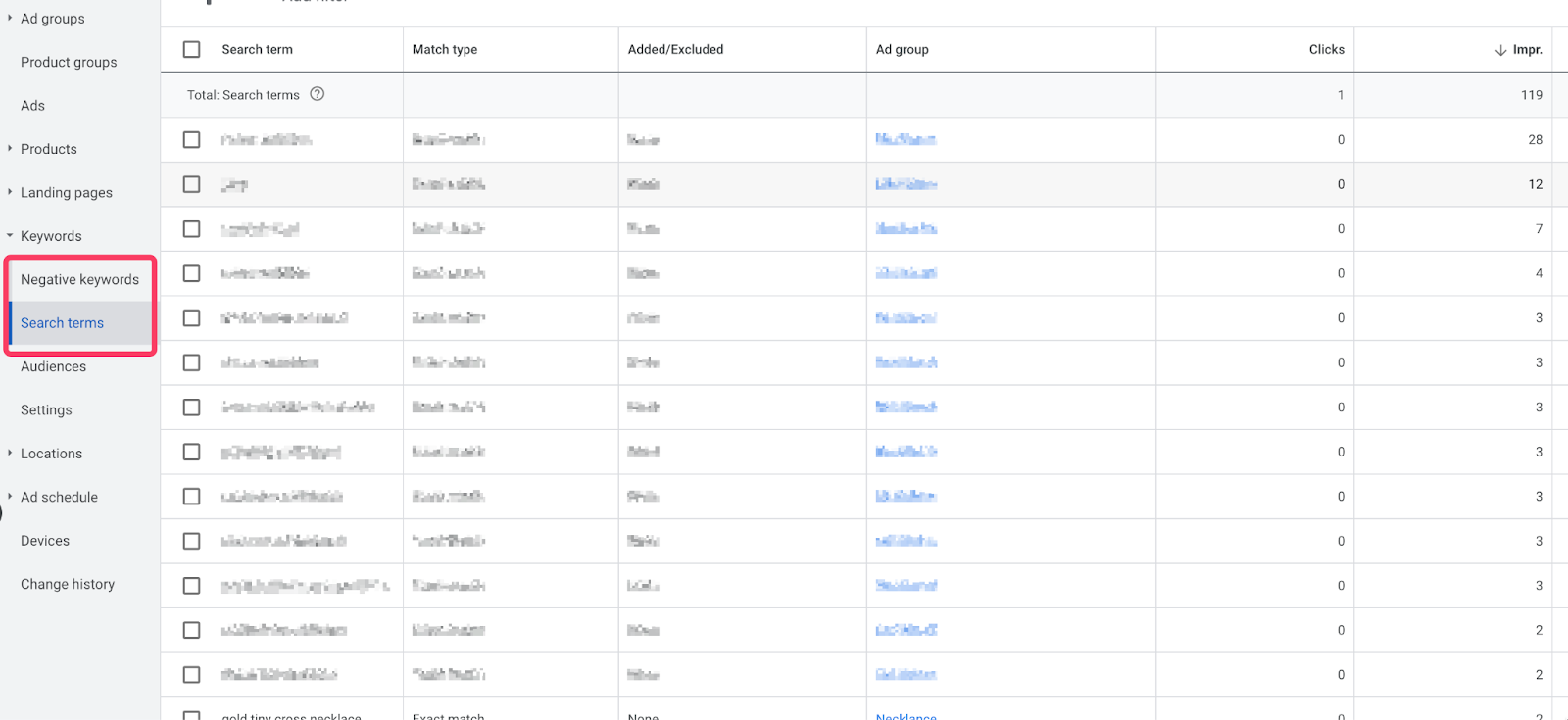 Screenshot showing the negative keywords option in Google Shopping
