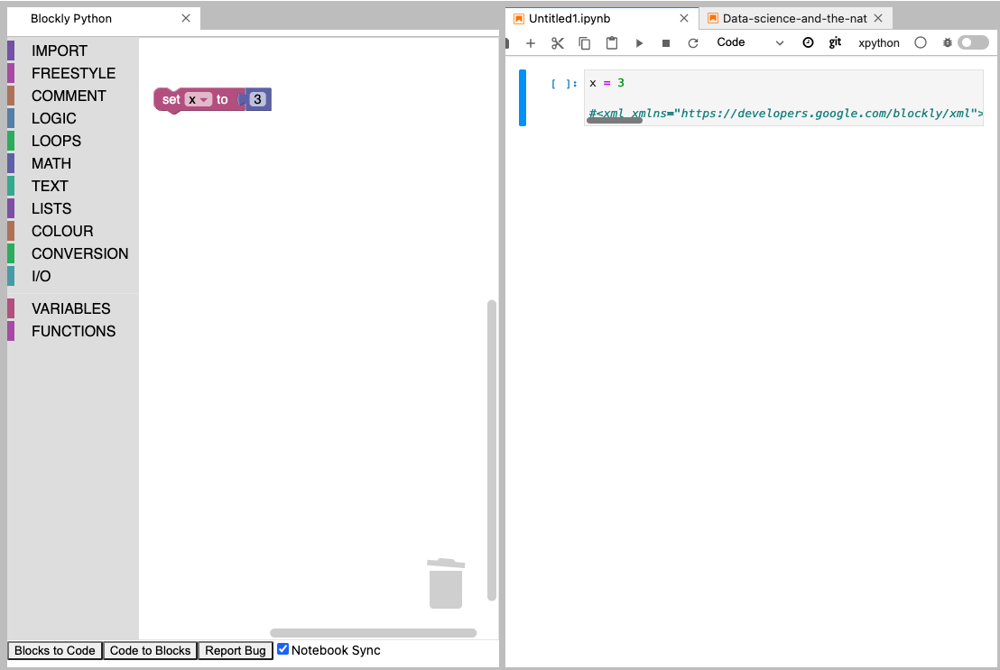 Screenshot of the Jupyter Notebook that includes the Blockly integration. Block-based programming appears on the left side, while the compatible code appears on the right side.