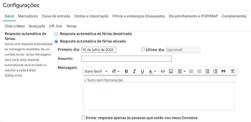mensagem automática no e-mail corporativo do Gmail