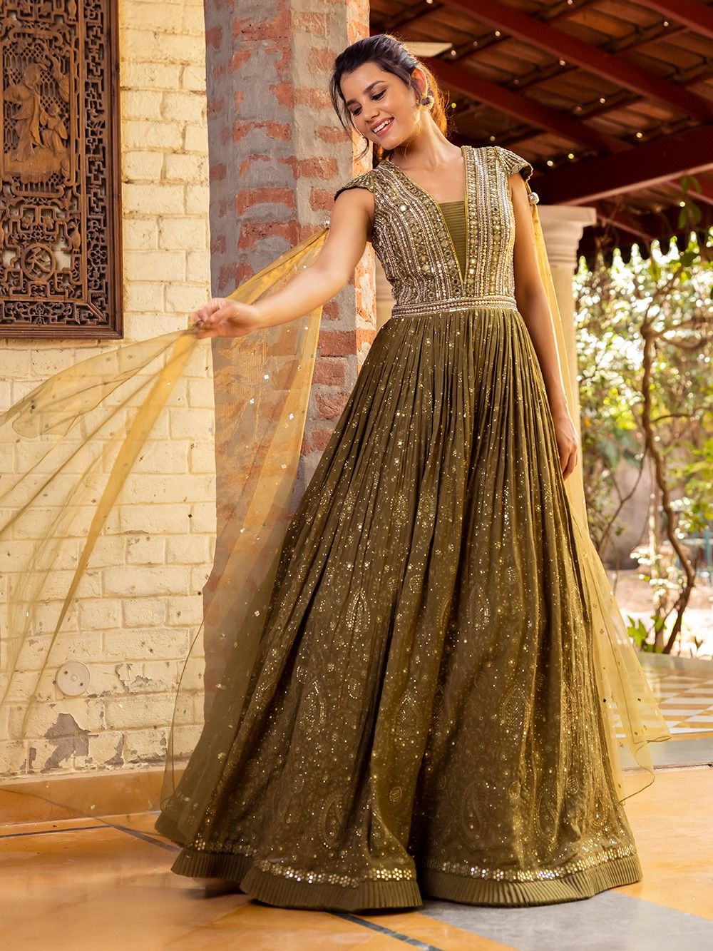 the loom-Mehndi Green Hand Embroidered Net Gown