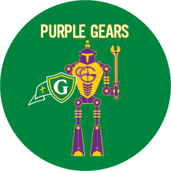Purple Gears name above Robot facing forward holding a wrench like a sword in the left hand and a Gibbons logo shield in the other hand.