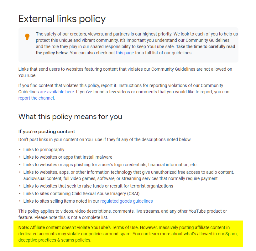 youtube external link policy 