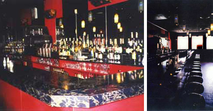 Image on left of a black counter with red accents. Bottles of alcohol in background in front of a mirror. Image on right of round barstools.