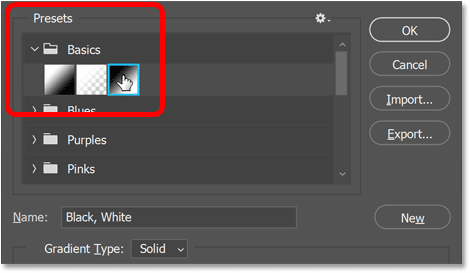Chọn gradient Đen, Trắng của Photoshop từ thư mục Basics