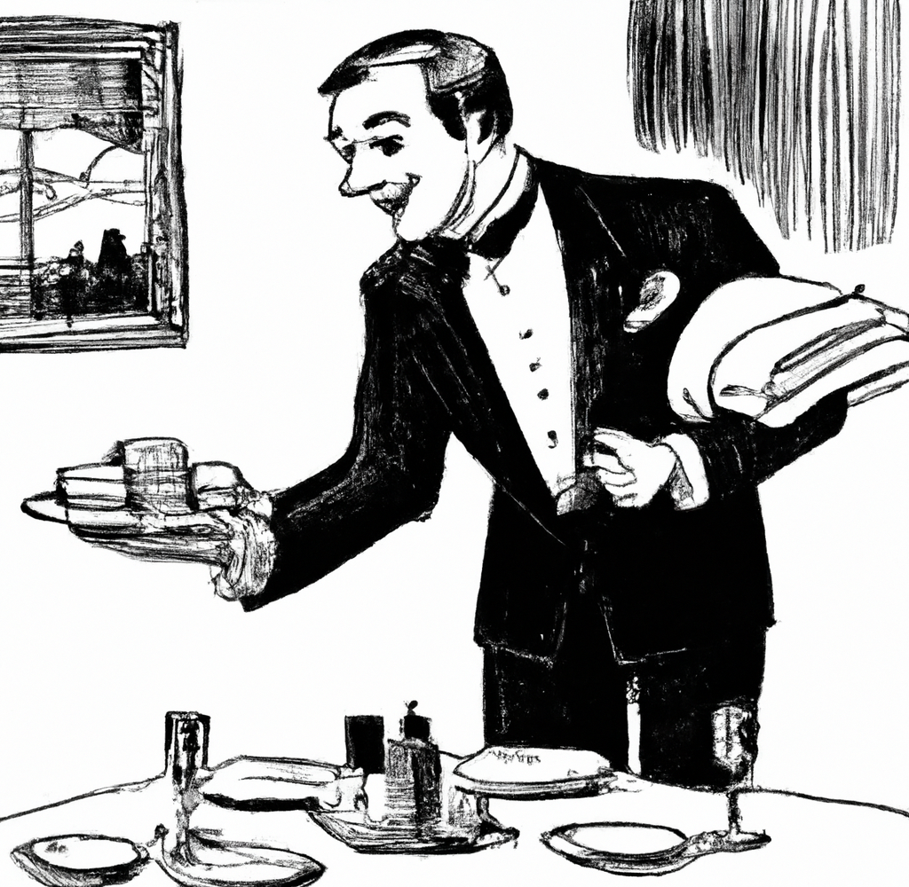 DALLE generated black and white illustration of a waiter serving food