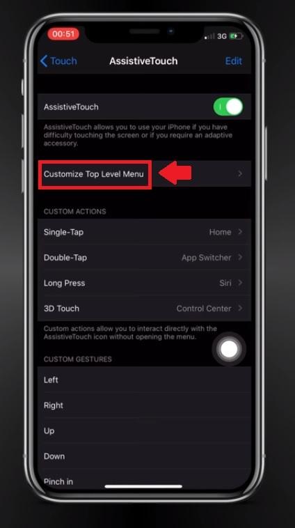 Click on "Customize top level menu" : How to take a screenshot on iPhone 12