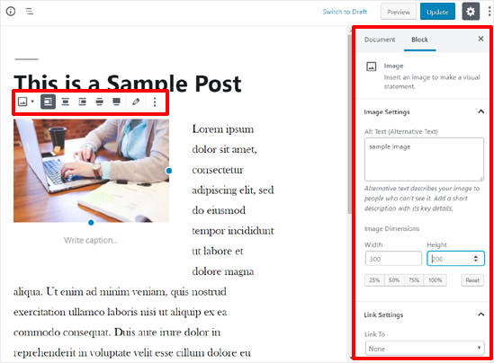 opções de edição de bloco de imagem