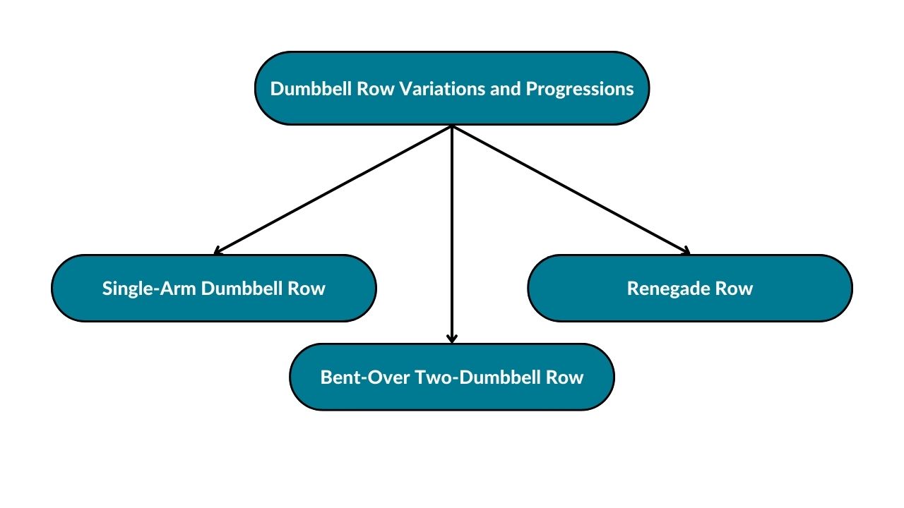 The image showcases different dumbbell row variations and progressions, including single-arm dumbbell rows, renegade rows, and bent-over two dumbbell rows.