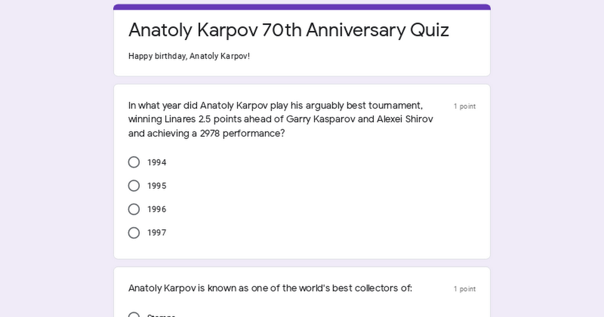 Anatoly Karpov's 70th Anniversary Quiz