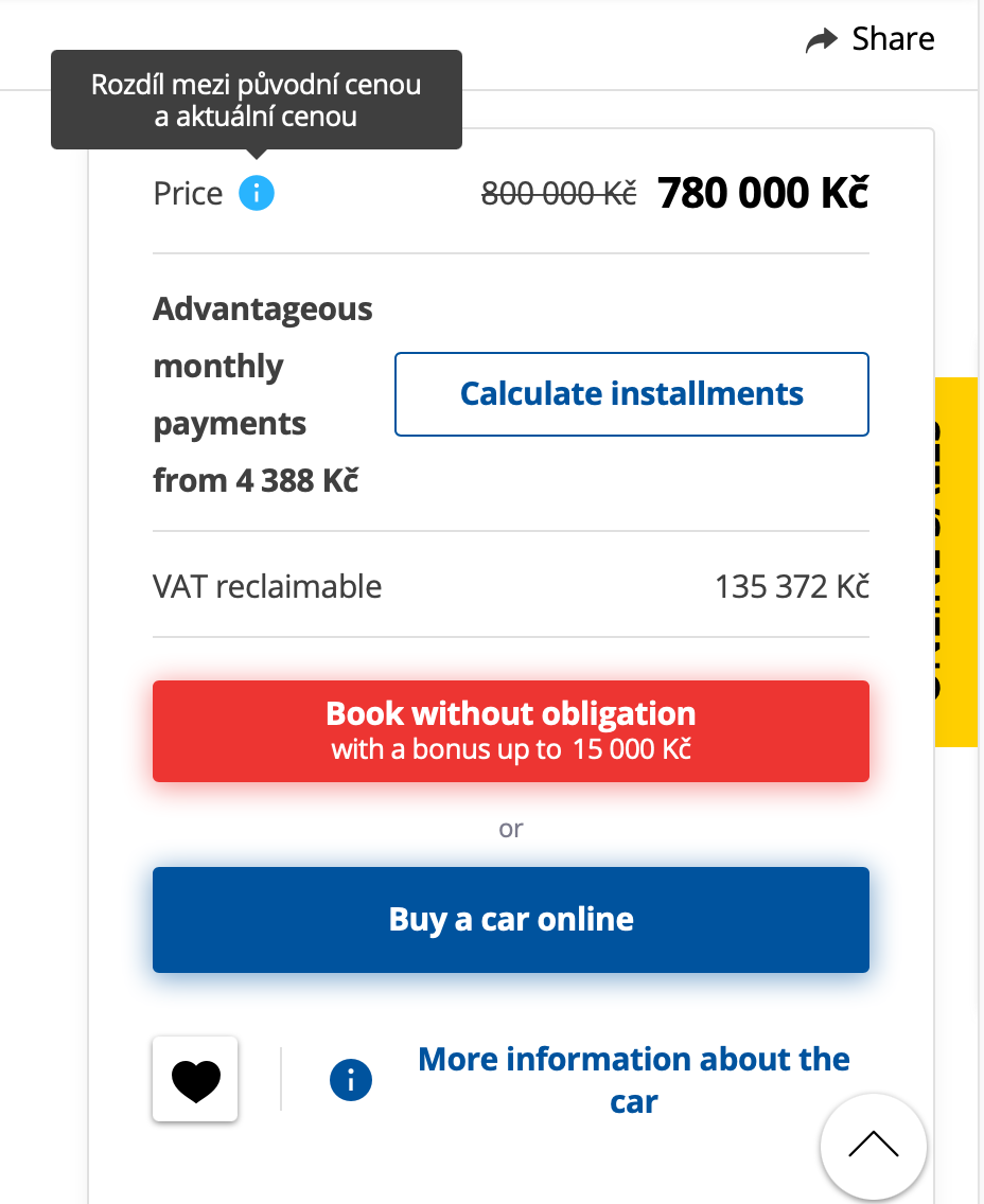 "Difference between the original price and the current price" on AAAAuto.cz