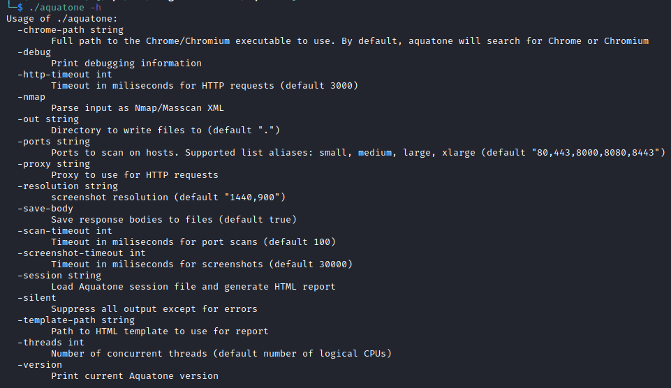 Aquatone screenshot tool snapshot of CLI arguments by White Oak Security’s penetration testers. 