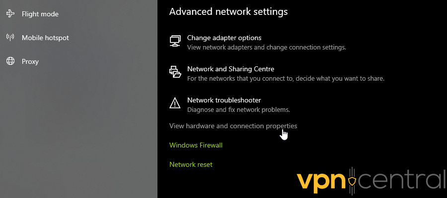 Advanced network settings in Windows