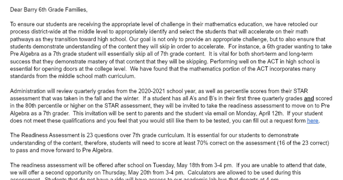 Current 6th Graders - Math Pathways Letter 2021 