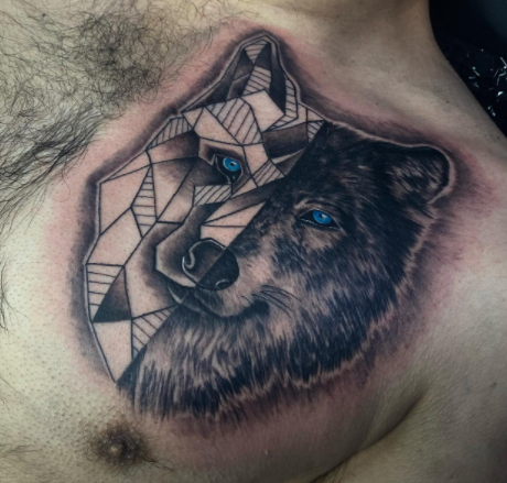 Blue Eyes Alpha Wolf Tattoo On Chest
