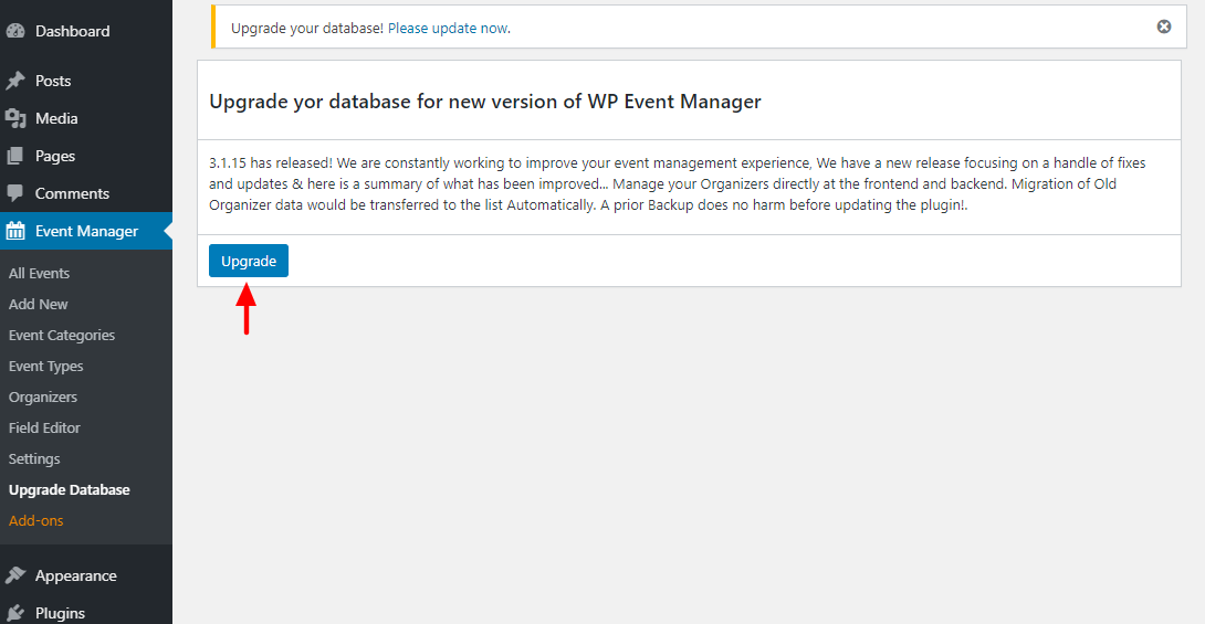 atualizar banco de dados do gerenciador de eventos wp