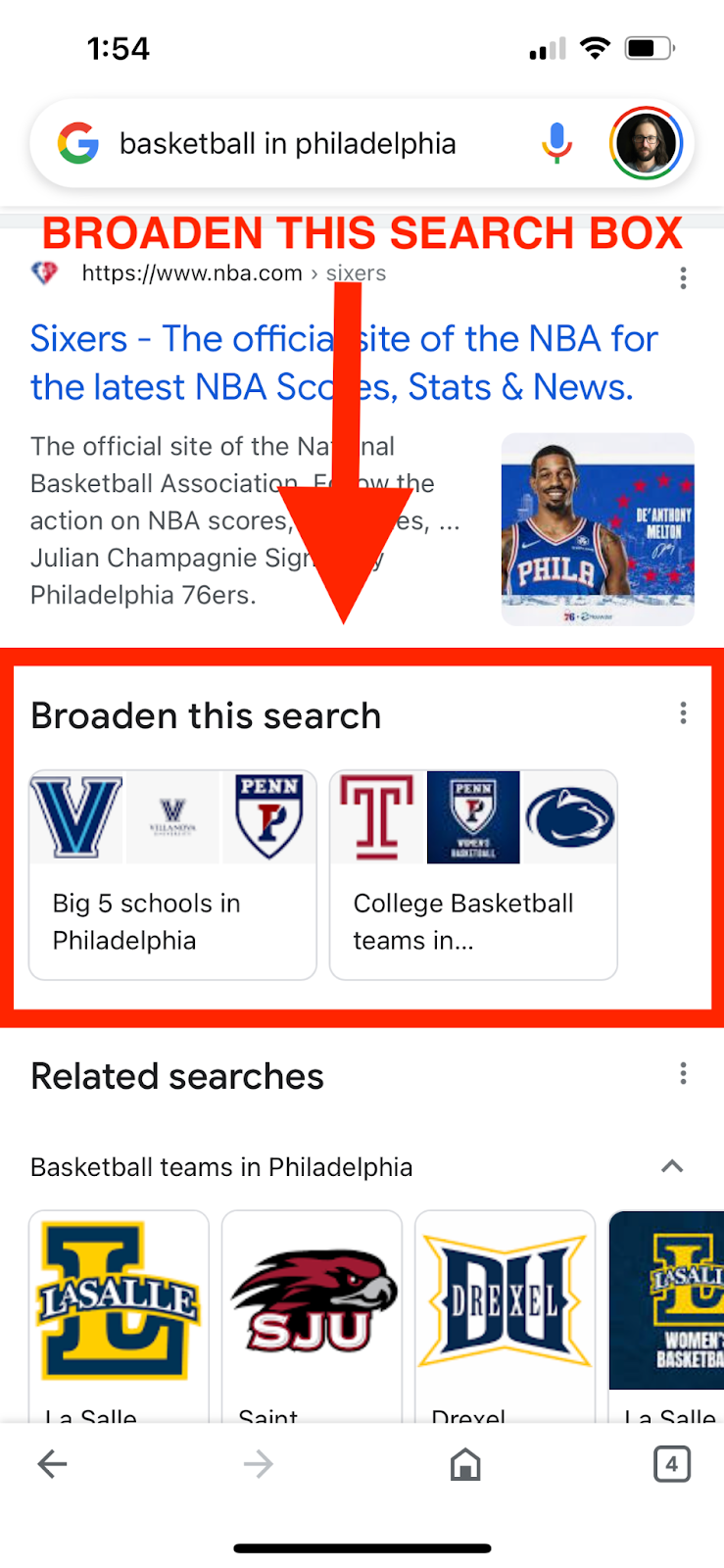 Mobile Screenshot of Google Broaden this search box example