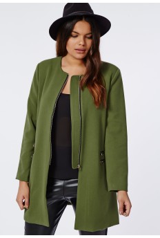 Plus Size Double Zip Collarless Coat Khaki