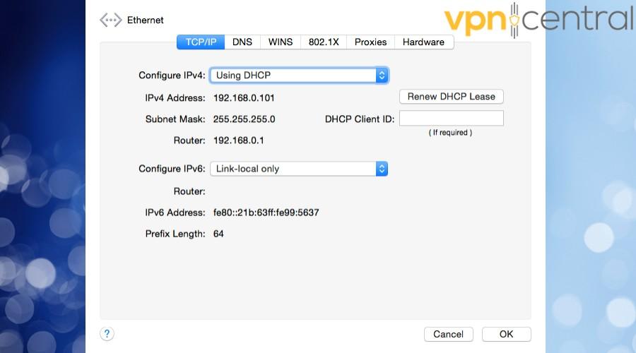 macos ethernet settings ipv6 link local only