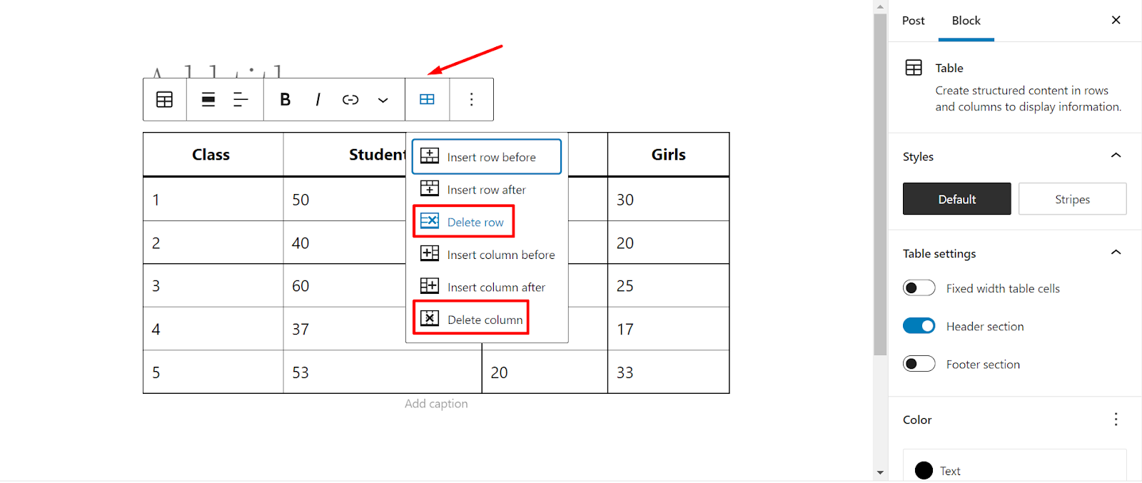 How to insert a table in WordPress: Delete row or column.