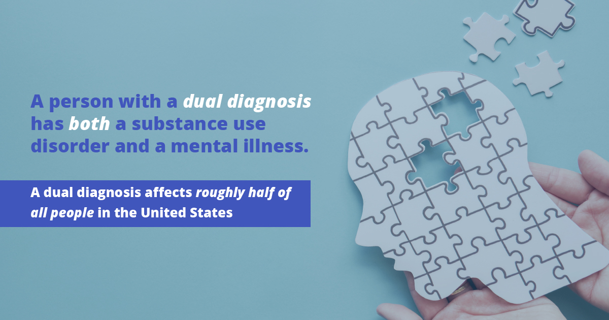 a person with a dual diagnosis has both a substance use disorder and a mental illness. a dual diagnosis affects roughly half of all people in the united states.