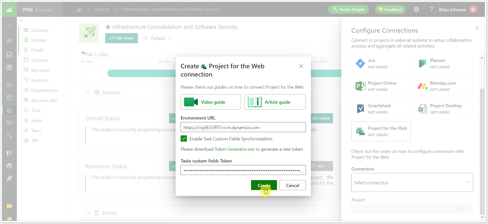 Popup window to create Project for the web connection in PPM Express