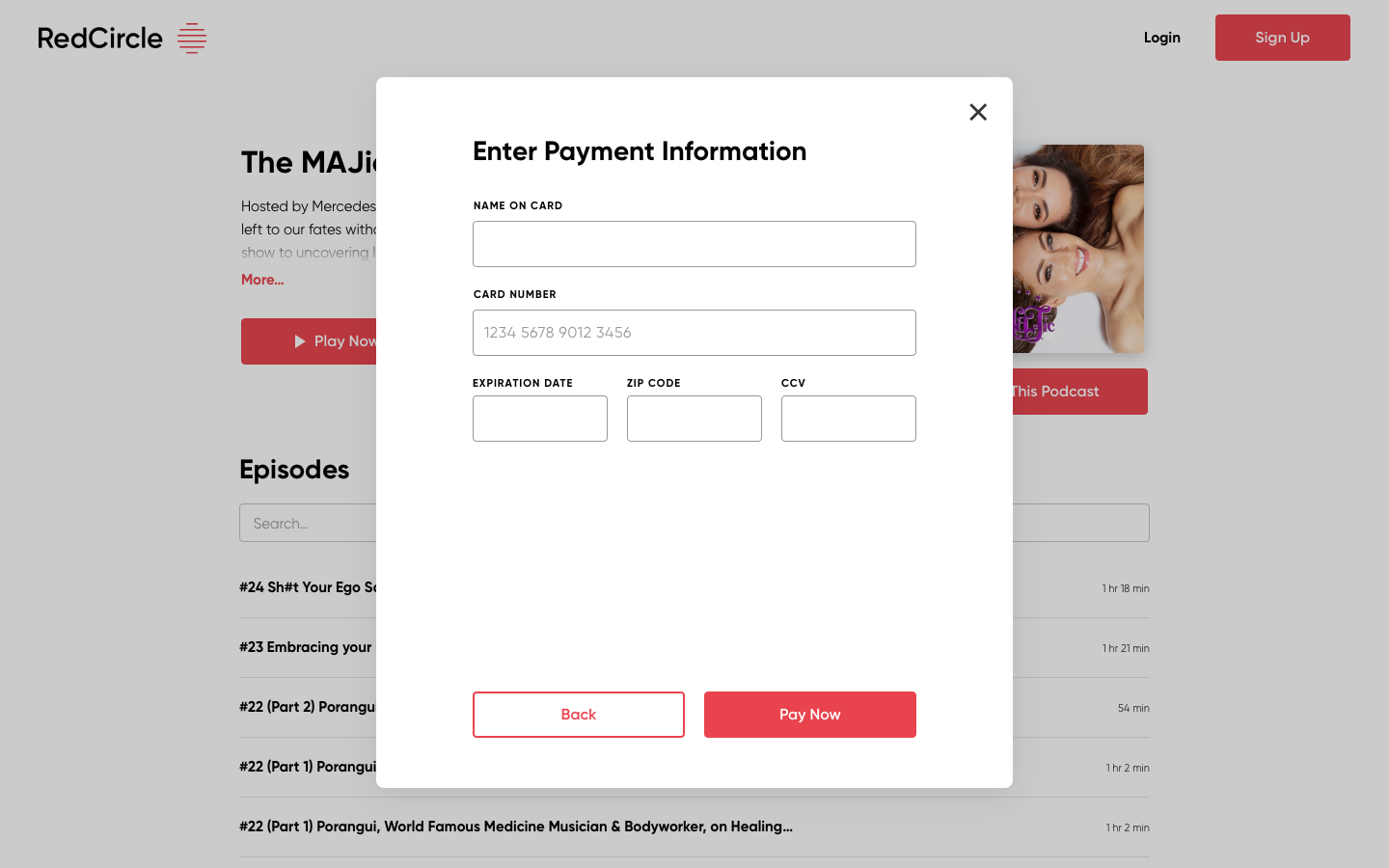 Payment information modal