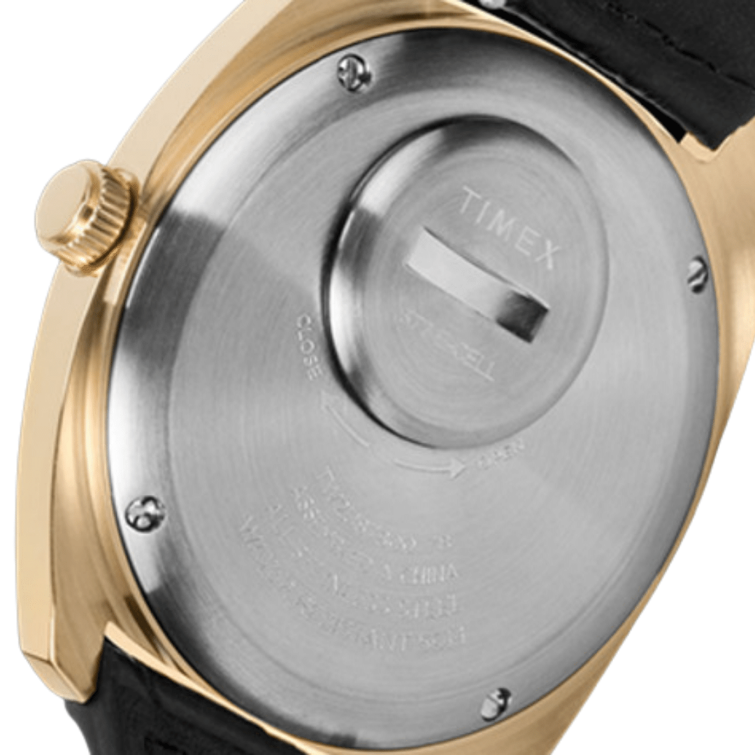 Caseback of the Q Timex 1975 Reissue Day-Date dress watch