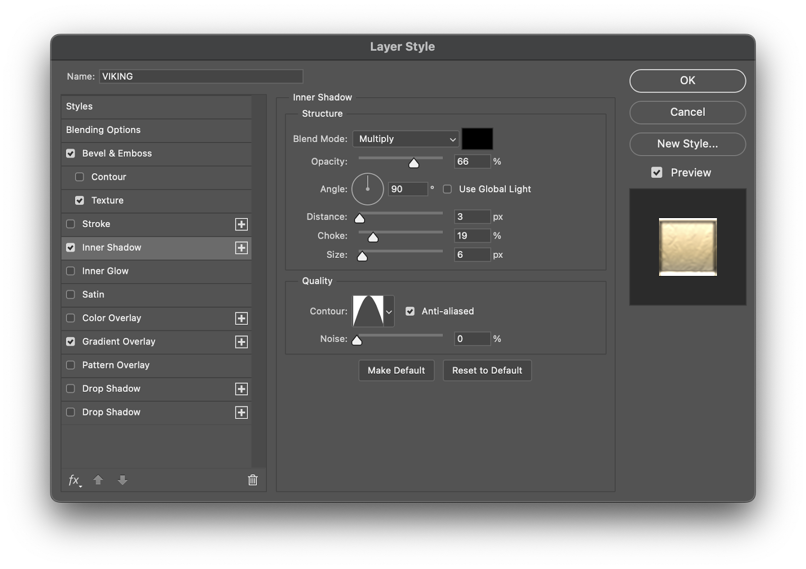 Image from the Photoshop Tutorial on how to create a simple and scalable gold effect with layer styles