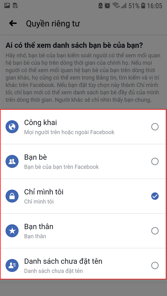 Tùy chọn đối tượng xem danh sách bạn bè Facebook điện thoại