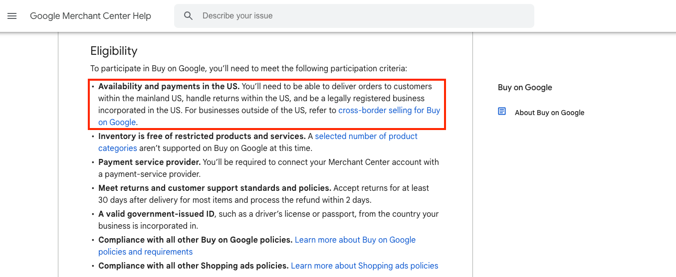 Screenshot of Google Merchant's eligibility. 