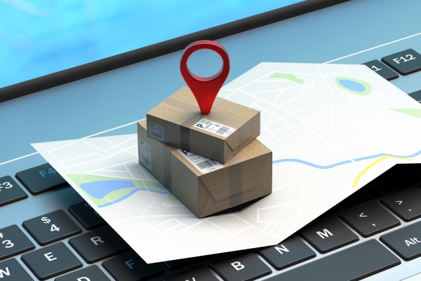 shop-online-delivery-service-concept-paper-map-pin-pointer-packages-laptop-keyboard-3d-illustration